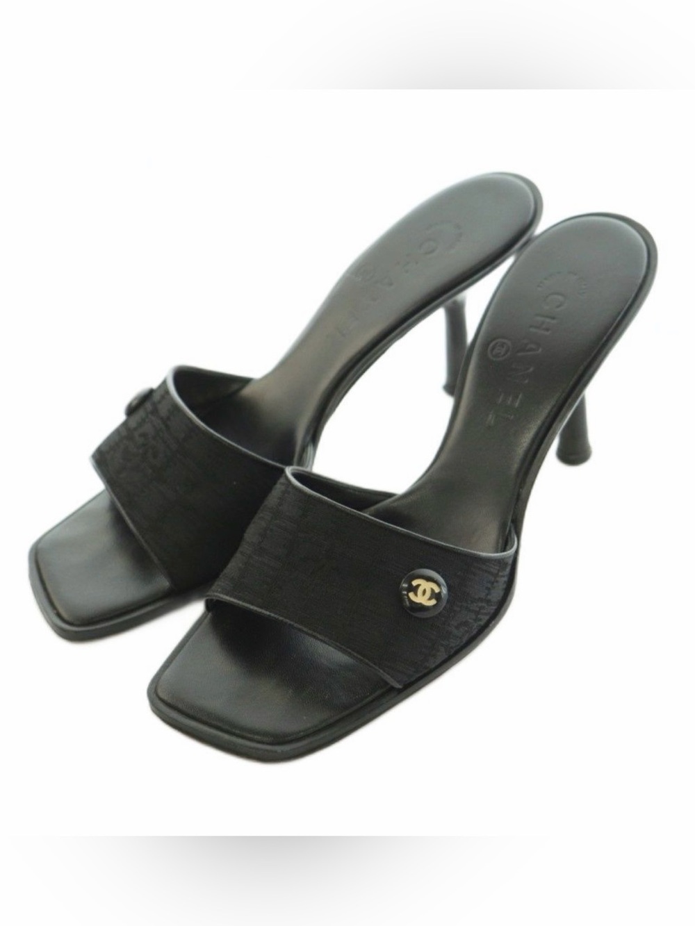 CHANEL Black Heeled Mules Sandals / Size 38 / Travel Line COCO / Vintage